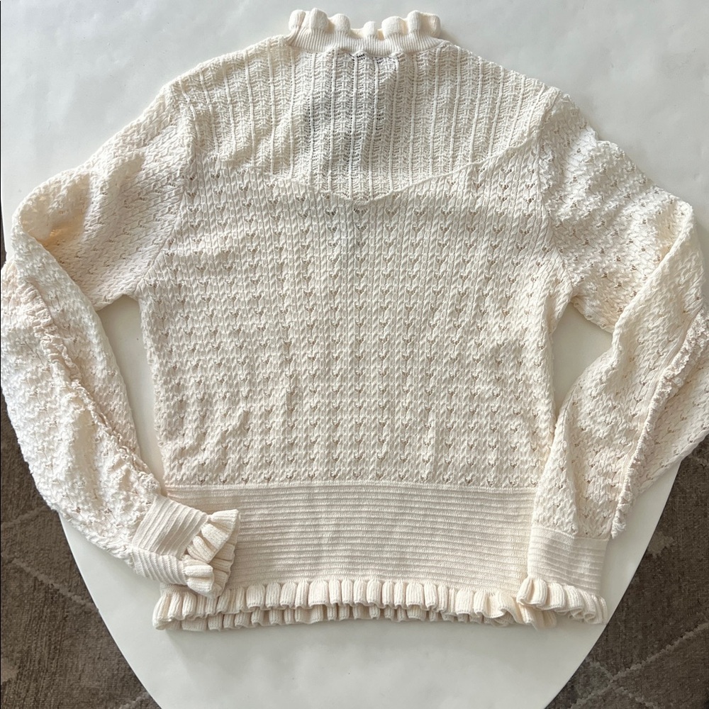 Zara Knit Coquette Bow Tie Pointelle Long Sleeve Sweater Top Ecru Cream M - Picture 5 of 7